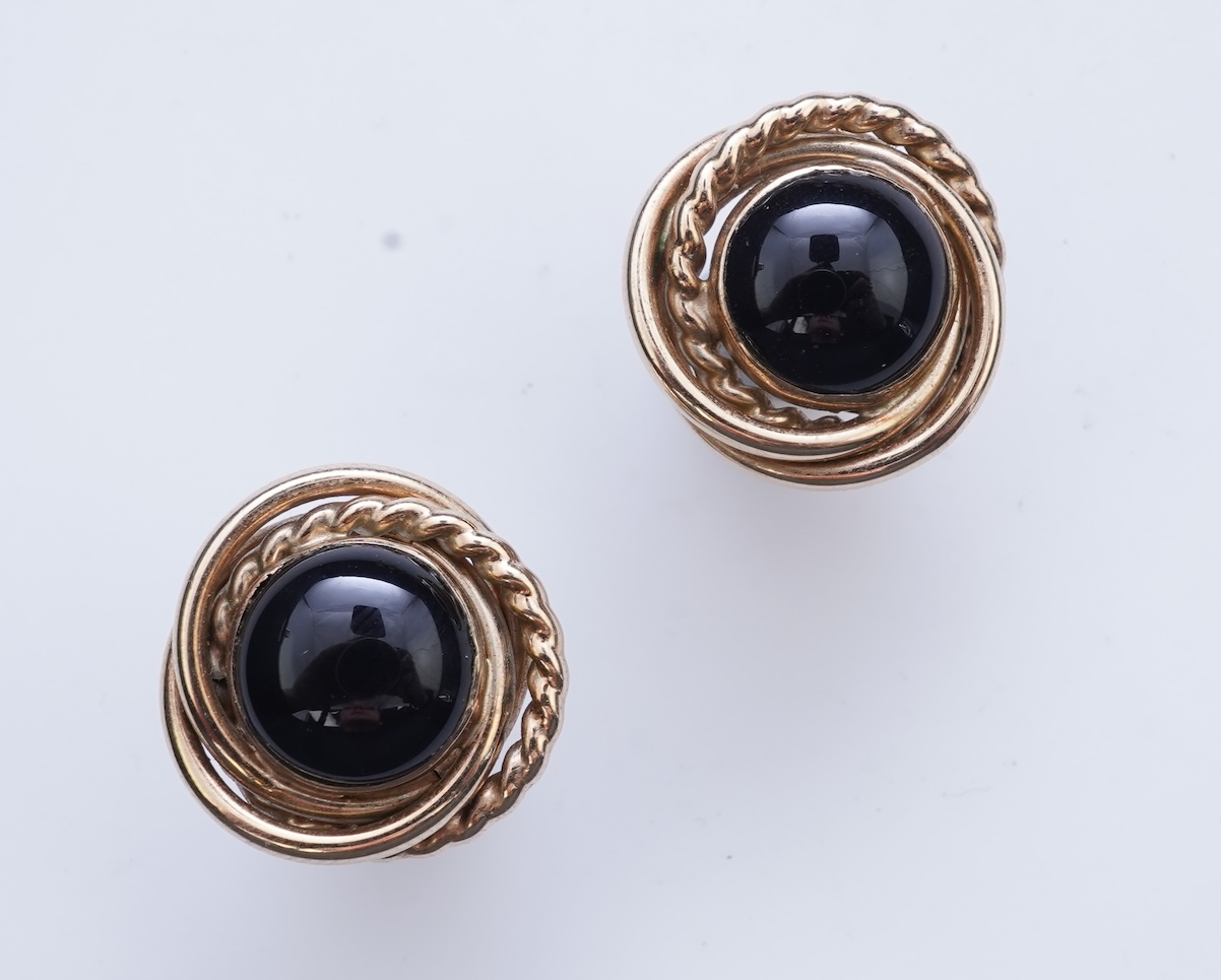 Eight pairs of earrings and pendant, comprising: a pair of onyx studs; a pair of emerald studs; a pair of sapphire and diamond drop earrings; a pair of opal drop earrings; a pair of garnet drop earrings; and a shell pend
